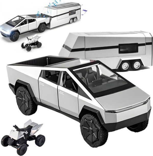 Cybertruck Toy - Cyber Truck Toy with RV, Motorcycle and Cybertquad, 1/32 Alloy Diecast Cyber Truck Toy with Light and Sound, Suitable for Kids Aged 6 and Up - Silver